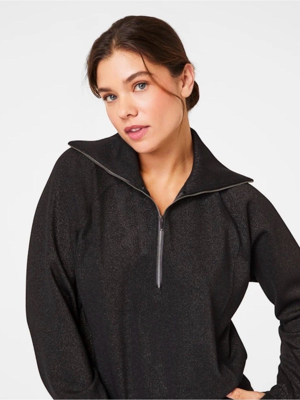 SPANX AirEssentials Shine Half Zip Sweatshirt in Very Black/Gunmetal Shimmer, st